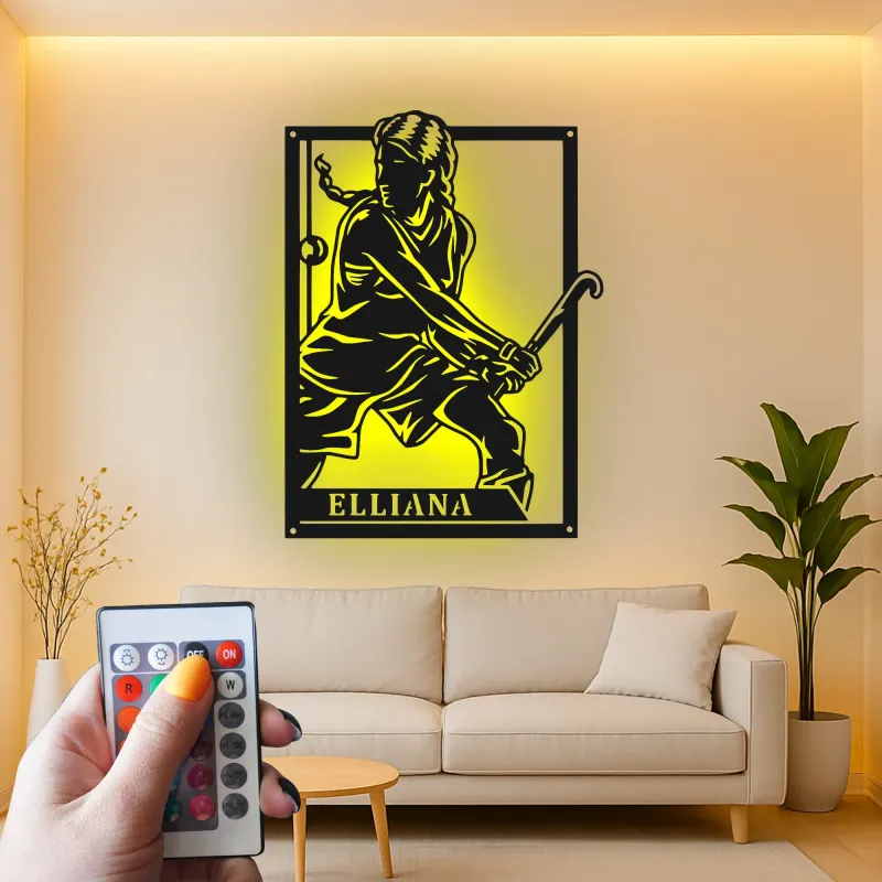 Insegna in metallo personalizzata per giocatore di hockey su prato LED - Regalo personalizzato per atleti - Decorazione per sala sportiva