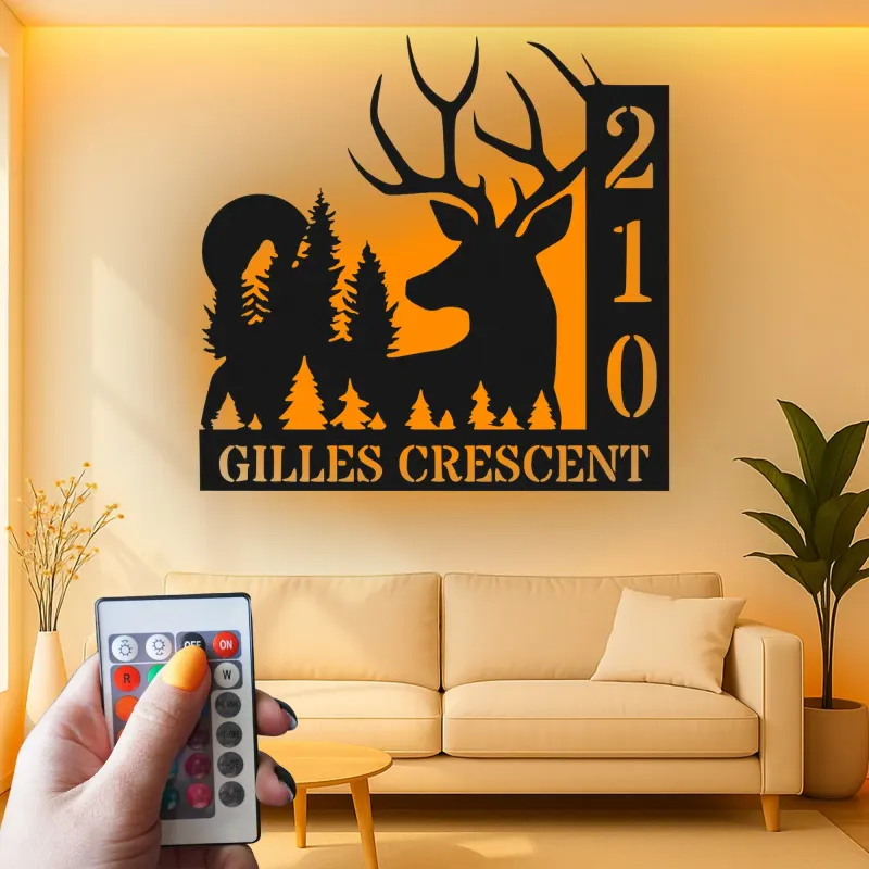 Insegna in metallo personalizzata con cervo e alberi retroilluminata LED regalo per casa nuova decorazione per cabin all'aperto