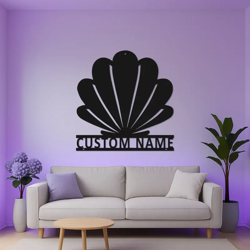 Art Murale en Métal Coquille Saint-Jacques | Décor Personnalisé Maison de Plage | Panneau de Nom Nautique Personnalisé avec LED