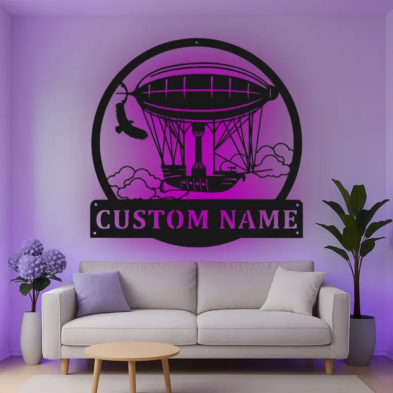 Décoration murale en métal personnalisée avec rétroéclairage LED d'airship steampunk - Cadeau unique pour les passionnés d'aviation, décoration de bureau ou de salon