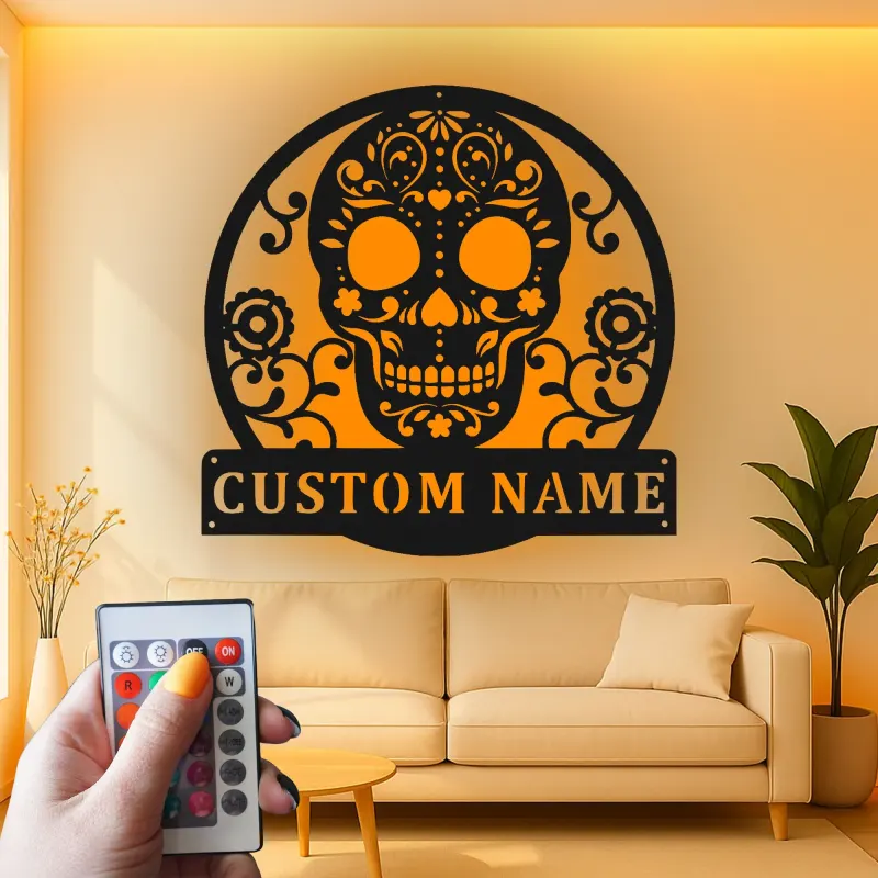 Custom Sugar Skull Metal Sign | Personalized LED Wall Art | Day of the Dead Decor | Gothic Home & Studio Accent Gift