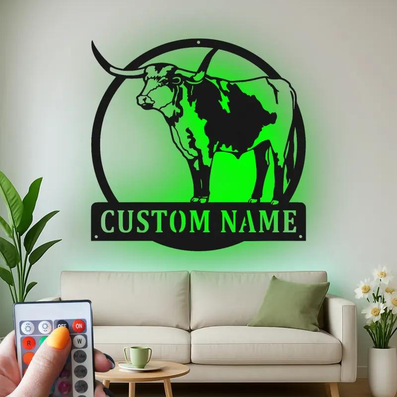 Custom Texas Longhorn Sign | LED Metal Wall Art for Ranch Decor | Personalized Farmhouse Cattle Gift