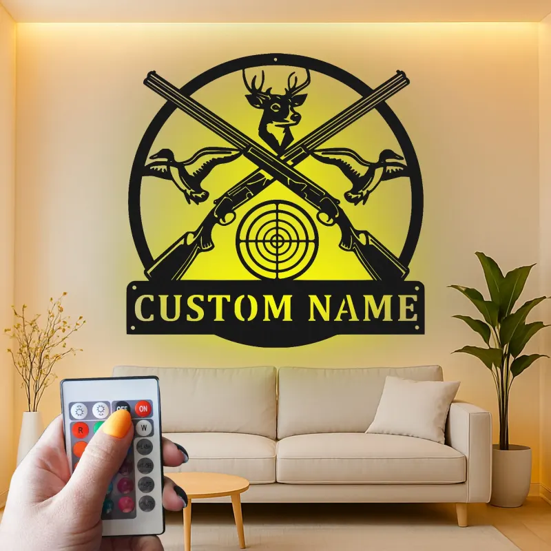Panneau LED de chasse personnalisé | Décoration murale en métal cerf et fusil | Décor rustique pour man cave | Cadeau unique pour chasseurs