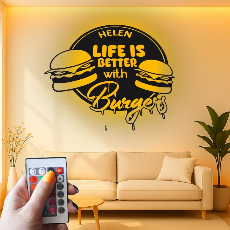 Insegna in metallo personalizzata con luce LED per amanti degli hamburger, regalo divertente per la cucina, decorazione per sala da pranzo