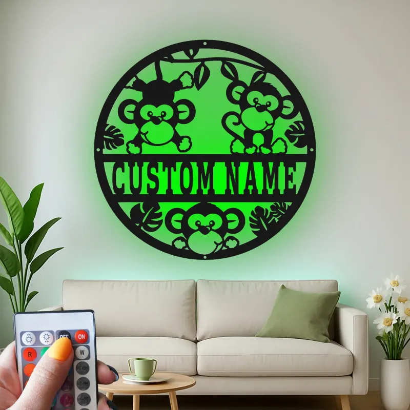 Cartel de nombre de mono personalizado | Arte mural de metal LED para guardería | Decoración de animales de la jungla para la habitación infantil | Regalo de baby shower personalizado