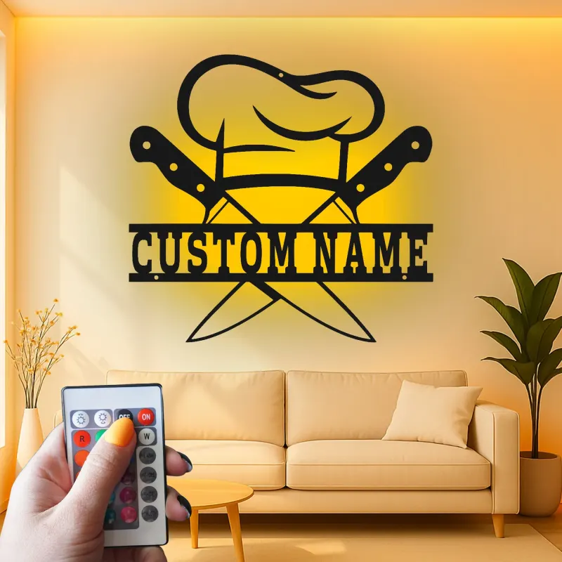 Décoration murale en métal personnalisée Chapeau de Chef et Couteaux avec rétroéclairage LED