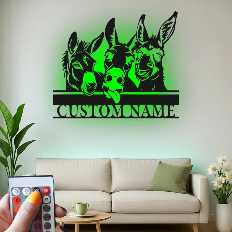 Insegna in metallo LED Donkey Trio Personalizzata Regalo per Fattoria Decorazione Soggiorno Rustico