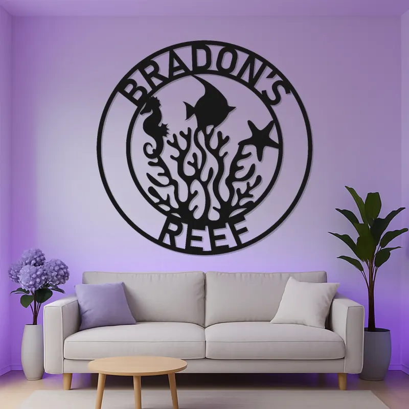 Cartel de arrecife personalizado con LED | Decoración mural de metal personalizada para casa de playa | Decoración náutica de vida marina | Regalo de caballito de mar y pez