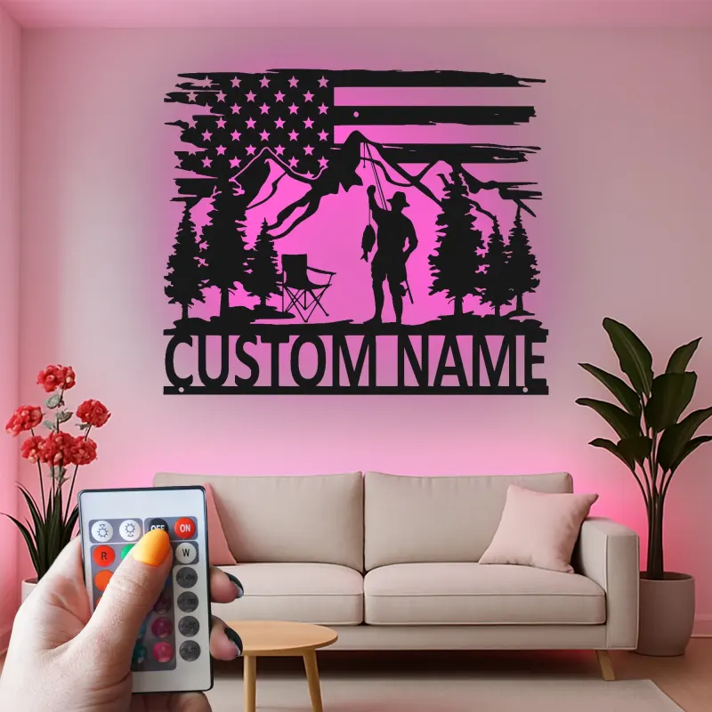 Insegna LED in metallo per pesca personalizzata | Arte da parete patriottica per pescatore | Decorazione su misura per baita e casa al lago | Regalo per pescatore
