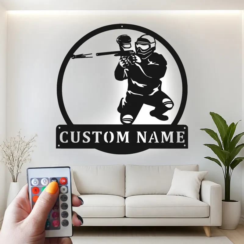 Insegna LED personalizzata per giocatore di paintball | Arte murale in metallo personalizzata | Decorazione per sala giochi e man cave | Luce d'azione retroilluminata