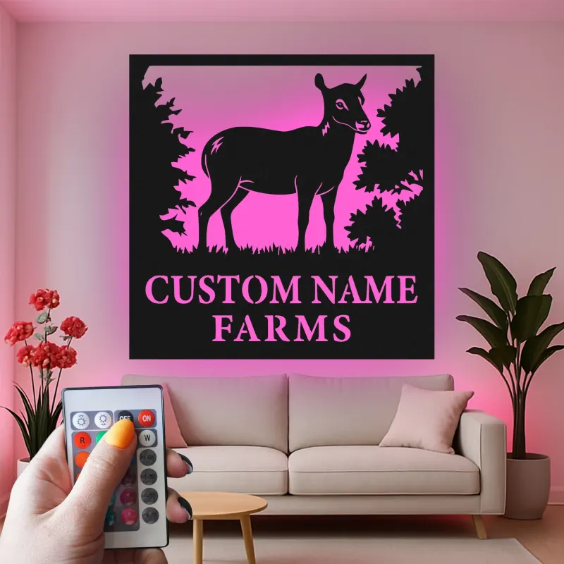 Insegna in metallo personalizzata con luce LED per fattoria di cervi - Regalo personalizzato per proprietari di fattorie, decorazione rustica per esterni