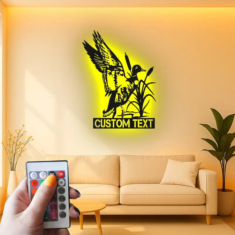 Cartel de metal personalizado con luz LED de caza de patos, regalo personalizado para entusiastas del aire libre, decoración de cabaña rústica