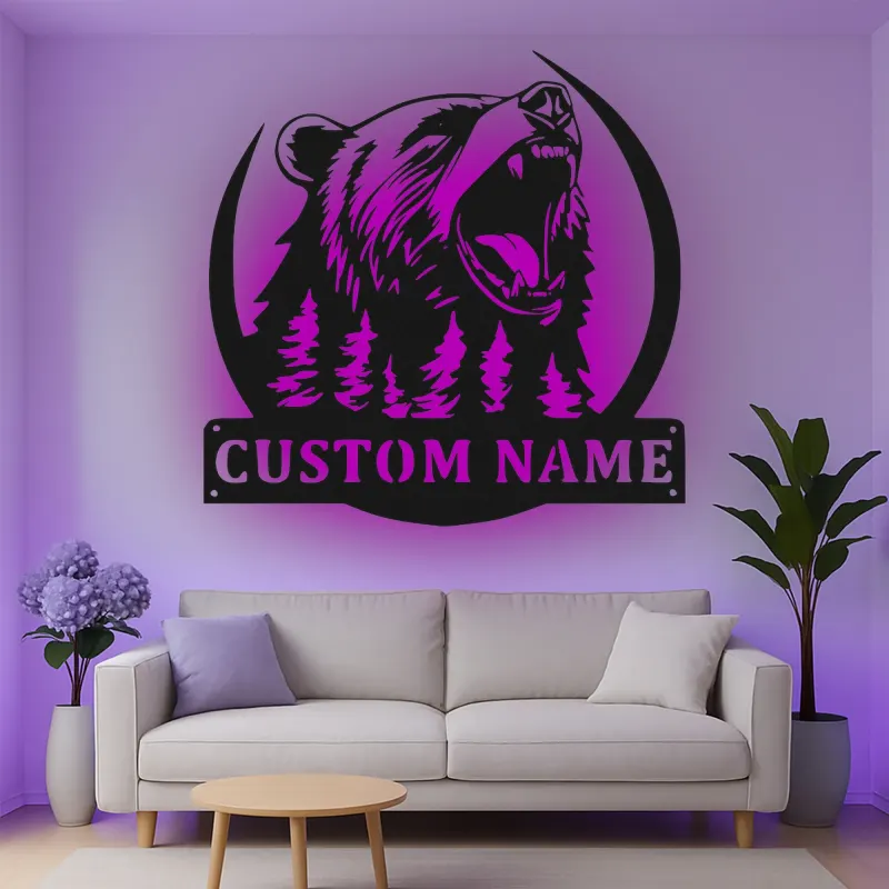 Décoration murale en métal personnalisée avec éclairage LED Forêt d'Ours Cadeau pour Amateurs de Nature Décor de Cabane ou Lodge