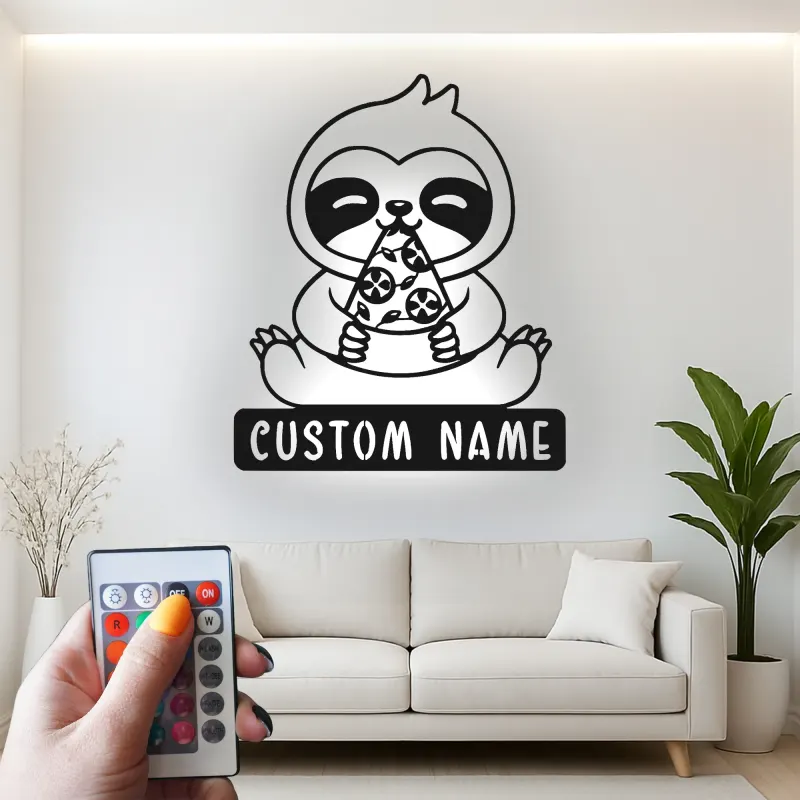 Custom Sloth LED Sign | Metal Wall Art | Kids Room & Nursery Decor | Funny Pizza Lover Gift Idea