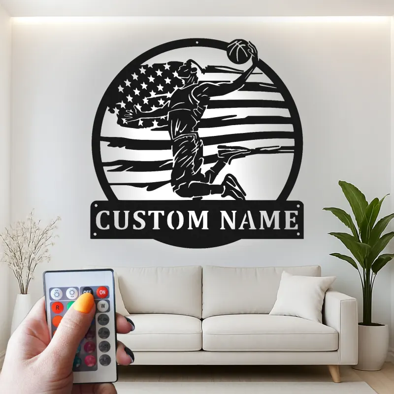 Décoration murale en métal personnalisée pour joueur de basketball avec rétroéclairage LED - Cadeau pour fans de sport