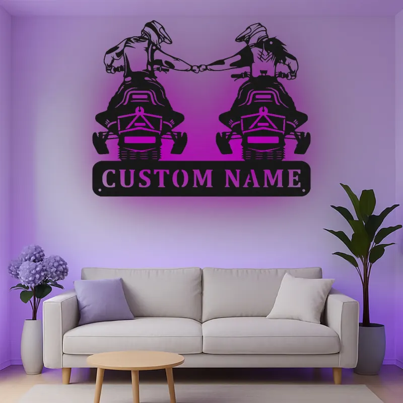 Décoration murale en métal personnalisée pour couple de motards avec rétroéclairage LED - Cadeau de motard pour couples, décoration de garage ou de man cave