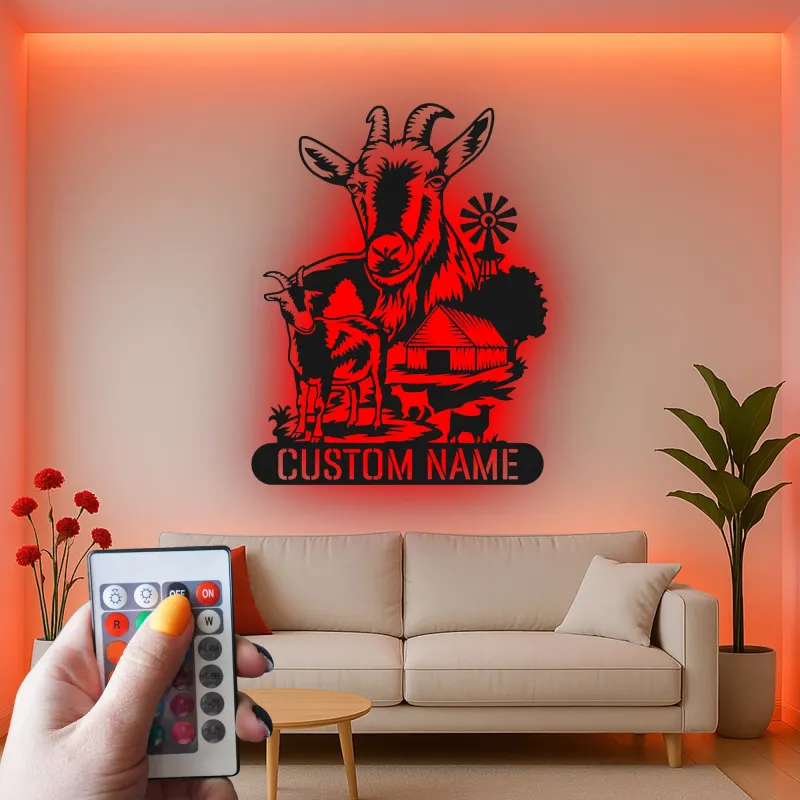 Insegna LED personalizzata per fattoria di capre | Arte murale in metallo personalizzata per agricoltori | Arredo rustico per casa di campagna e ranch