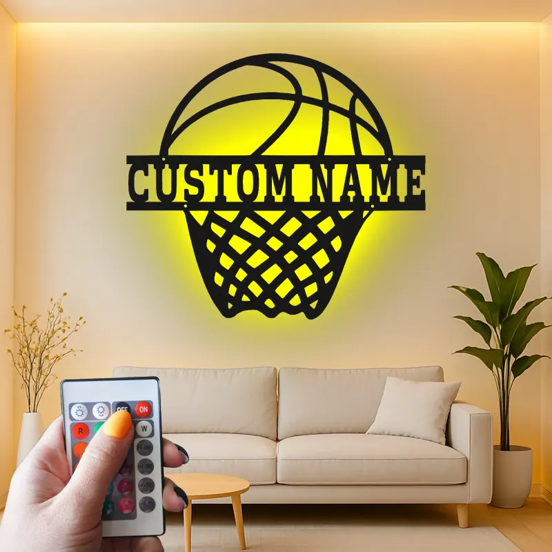 Cartel de metal personalizado de aro de baloncesto con luz LED, regalo deportivo personalizado para atletas, decoración para sala de juegos