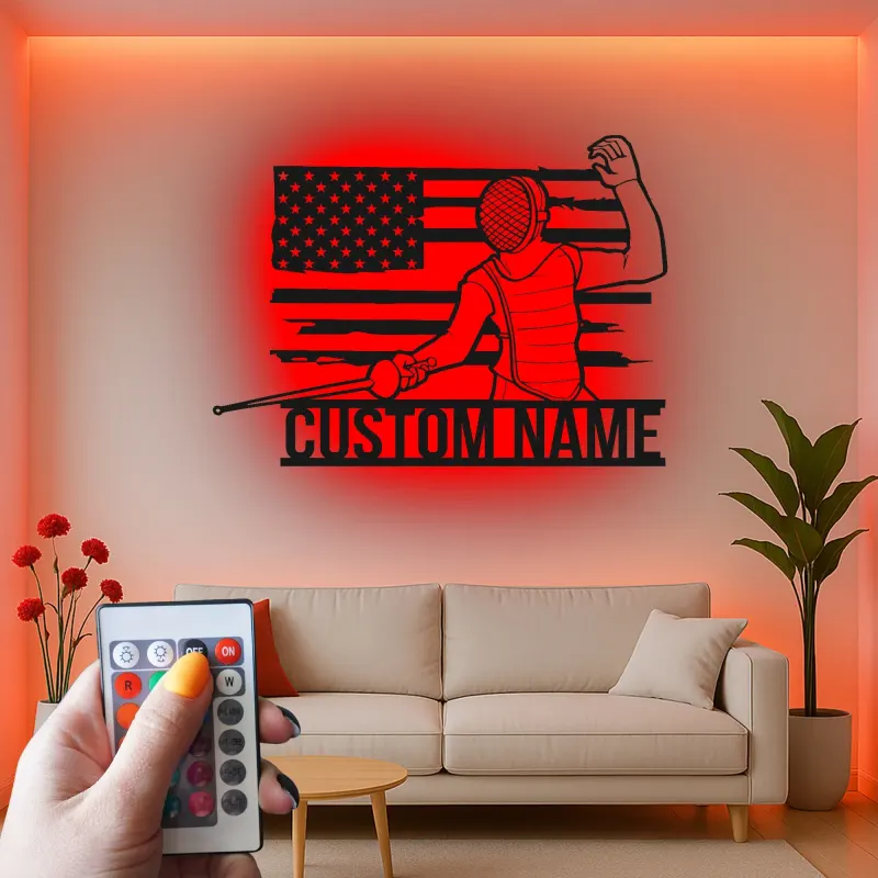 Décoration murale en métal personnalisée pour escrimeur avec rétroéclairage - Cadeau unique pour les passionnés d'escrime