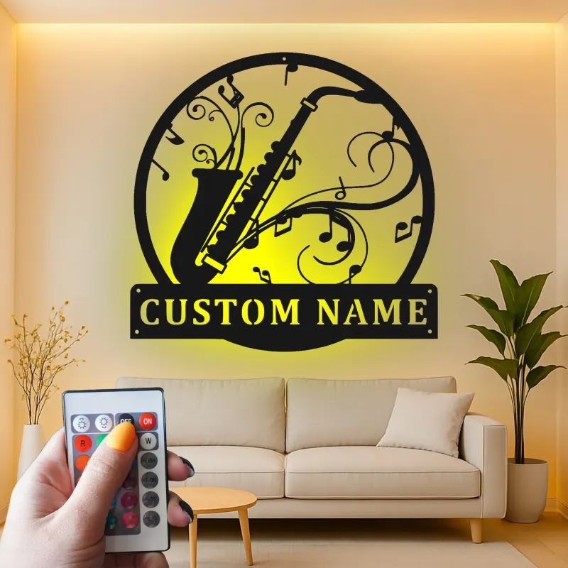 Panneau LED Personnalisé Saxophone | Décoration Murale en Métal pour Studio de Musique | Cadeau Joueur de Jazz | Décor Salle de Groupe