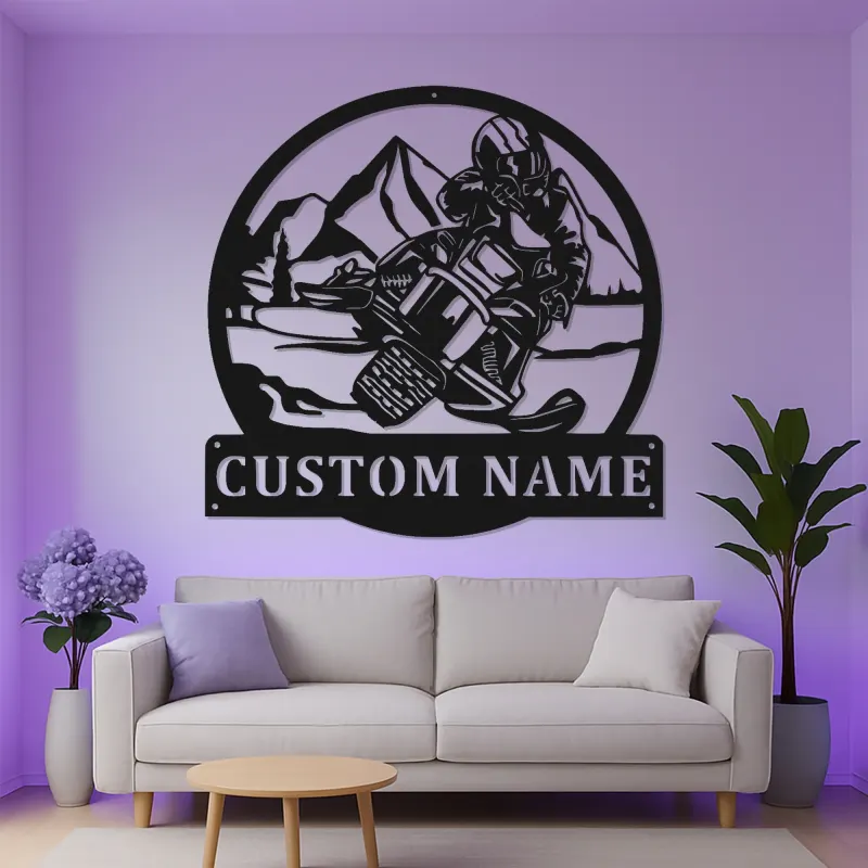 Cartel LED de piloto de moto de nieve personalizado | Arte mural de metal personalizado | Regalo de aventura en montaña para amantes de la moto de nieve