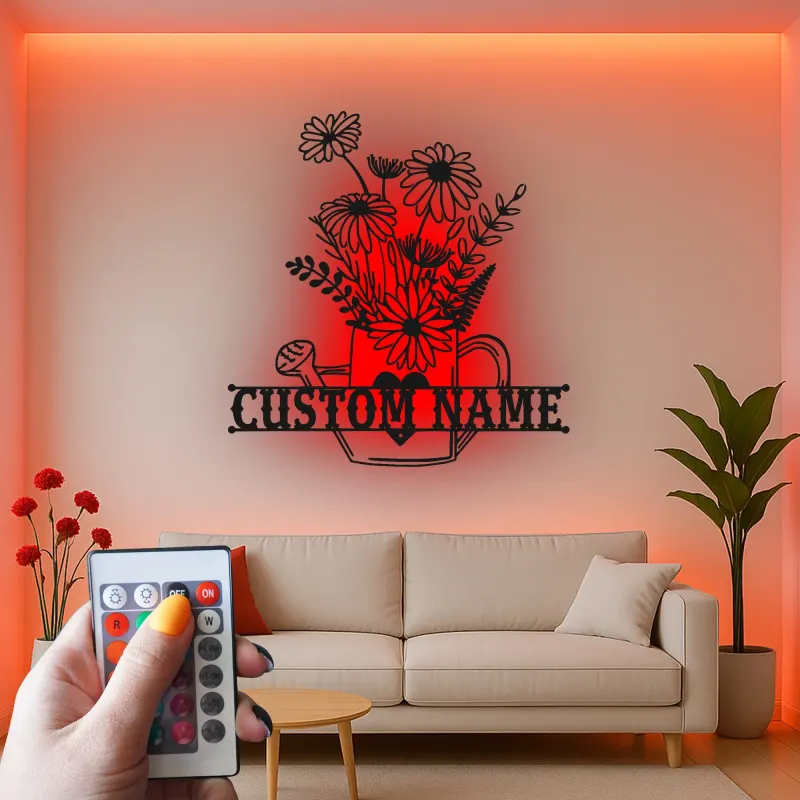 Insegna personalizzata con annaffiatoio | Decorazione murale in metallo LED | Arredo da giardino su misura | Regalo per giardiniere | Accento floreale boho