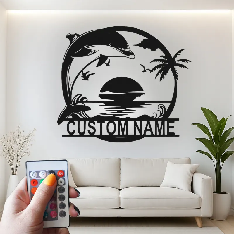Cartel de metal personalizado con delfines al atardecer y luz LED, regalo para amantes de la playa, decoración costera para el salón