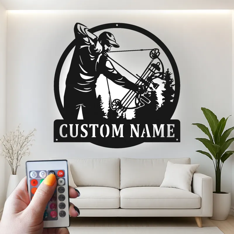 Insegna in metallo LED personalizzata per cacciatori di archi - Regalo per appassionati di tiro con l'arco - Decorazione per man cave o cabin