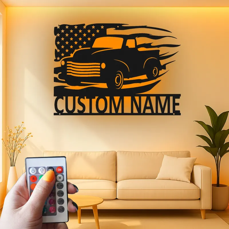 Personalisierter Vintage-Truck mit amerikanischer Flagge LED-Licht Metall-Wandkunst Geschenk für Ihn Garagen- oder Männerecken-Dekor