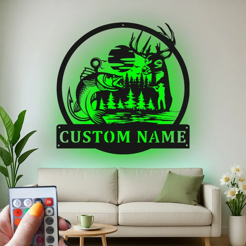 Cartel de metal personalizado de ciervo y pez con luz LED, regalo personalizado para entusiastas del aire libre, decoración para cabañas o lodges