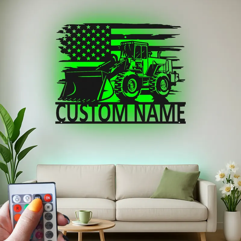 Custom Bulldozer American Flag Led Light Metal Wall Art Construction Gift for Him Garage or Workshop Decor