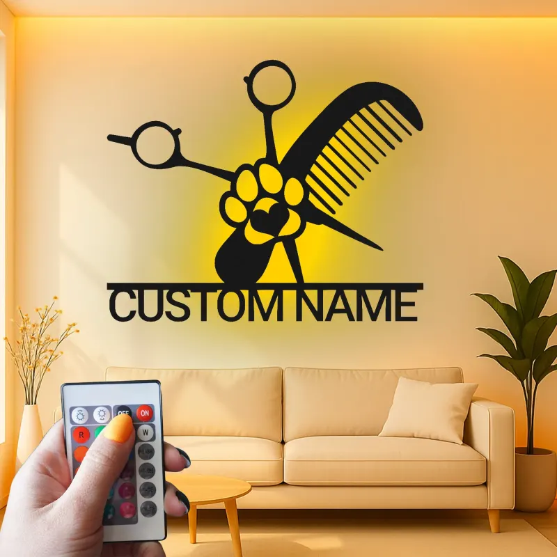 Personalized Pet Groomer Sign | Custom Metal LED Wall Art | Grooming Salon Decor with Name | Scissors & Comb Logo