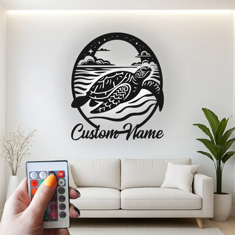 Art Murale en Métal Tortue de Mer LED | Panneau de Nom Personnalisé | Décor Nautique de Plage | Silhouette de Faune Marine sur Mesure
