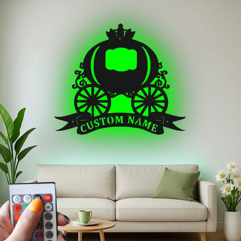 Cartel de carroza de calabaza personalizado | Arte mural de metal para guardería | Decoración temática de princesa con luces LED para habitación de niña