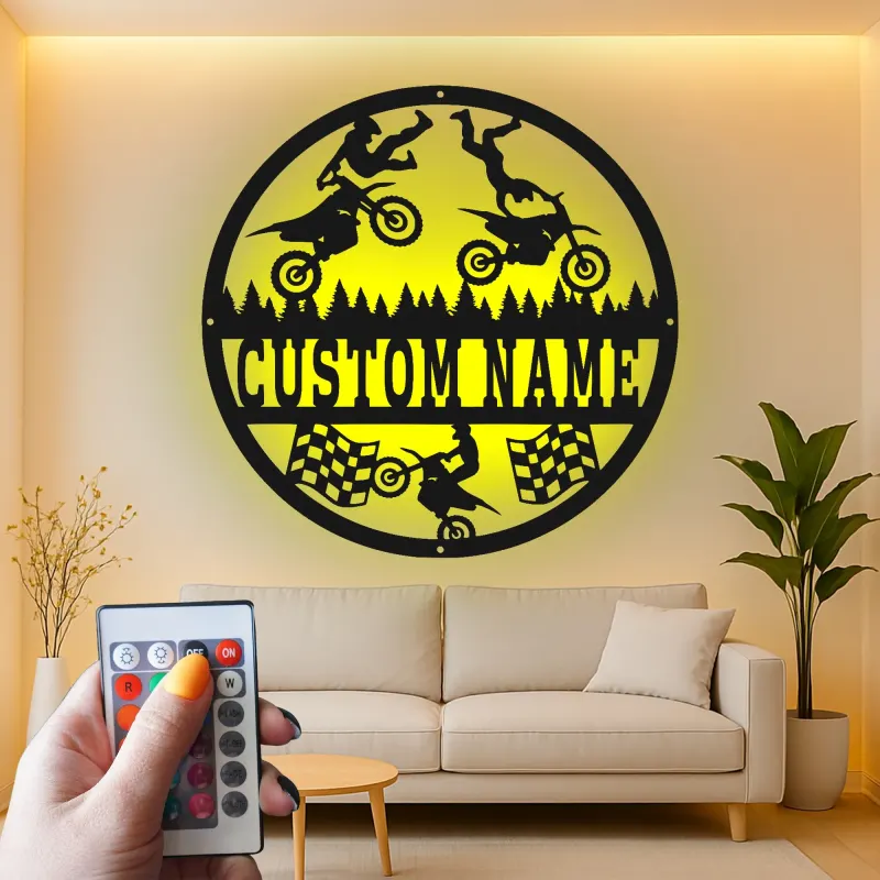 Panneau LED Motocross Personnalisé | Art mural en métal Moto Tout Terrain | Décor de course sur mesure pour cave à vin | Cadeau de pilote de cascade