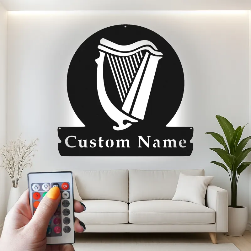 Insegna LED personalizzata con arpa | Insegna in metallo su misura per pub e home bar | Regalo retroilluminato per musicisti | Decorazione per strumento irlandese