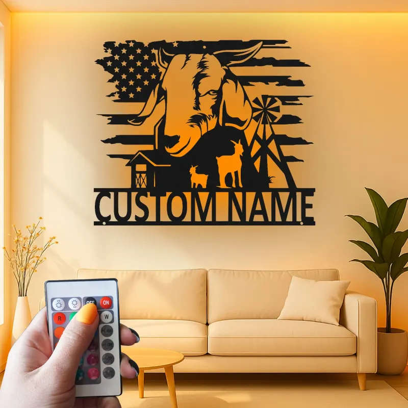 Enseigne métallique personnalisée de chèvre avec LED | Art mural personnalisé de maison de campagne | Décor de ranch avec drapeau américain pour agriculteurs