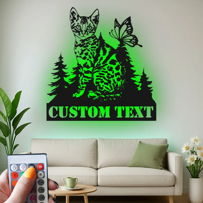 Cartel de metal personalizado con gato y mariposa y luz LED, regalo para amantes de mascotas, decoración para dormitorio o salón