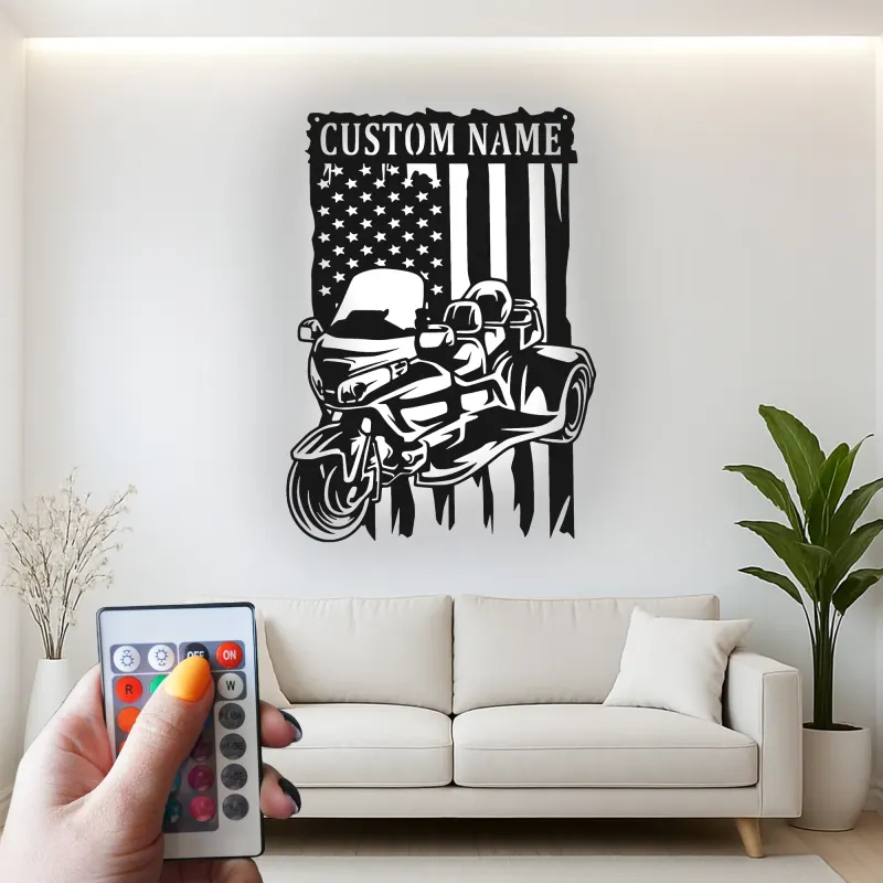 Art Métal LED Moto Personnalisé | Panneau Biker Drapeau Américain | Décor de Garage & Man Cave | Cadeau Unique pour Motard
