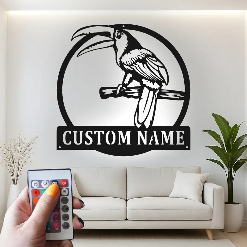 Toucan Metall-Wandkunst mit LED-Licht | Personalisierbares tropisches Vogelschild für Patio & Garten Dekor | Geschenk für Vogel-Liebhaber