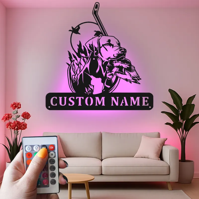 Insegna di Caccia Personalizzata Labrador | Arte da Parete in Metallo LED per Papà Cacciatore | Decorazione per Cani Anatra Personalizzata | Arte per Man Cave e Baita