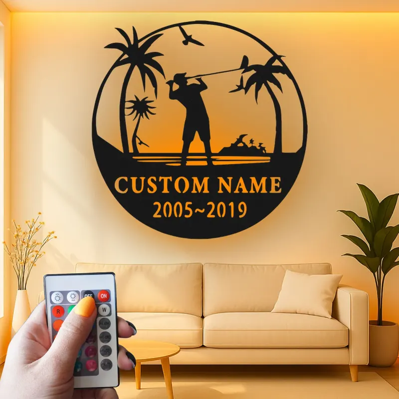Décoration murale en métal personnalisée pour golfeur avec LED | Déco sur mesure pour club de golf | Panneau gravé avec prénom | Cadeau pour passionné de golf