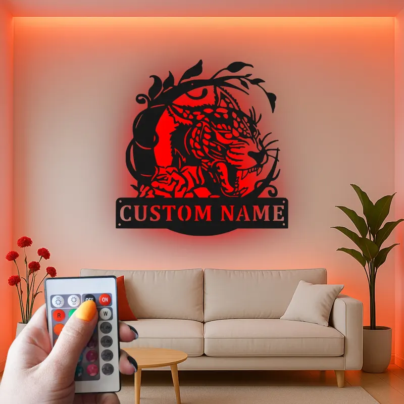 Custom Leopard Led Light Metal Wall Art Personalized Wildlife Gift Jungle Theme Decor for Living Room