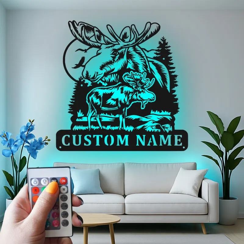 Custom Moose Metal Wall Art | LED Cabin & Lodge Sign | Modern Rustic Hunter Gift & Wildlife Decor