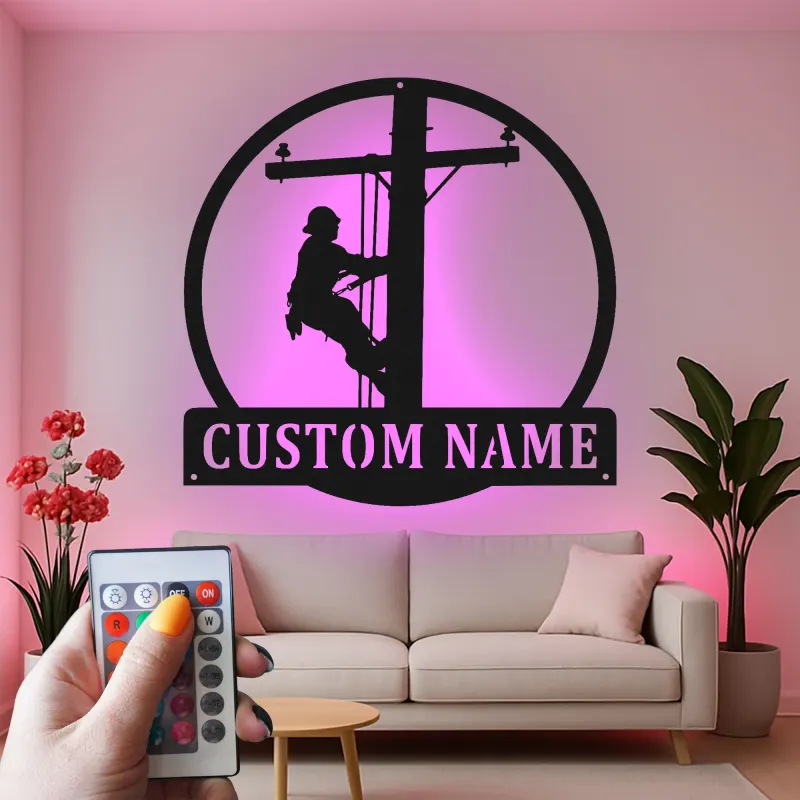 Lineman LED Metal Wall Art | Personalized Electrician Name Sign | Custom Utility Worker Gift