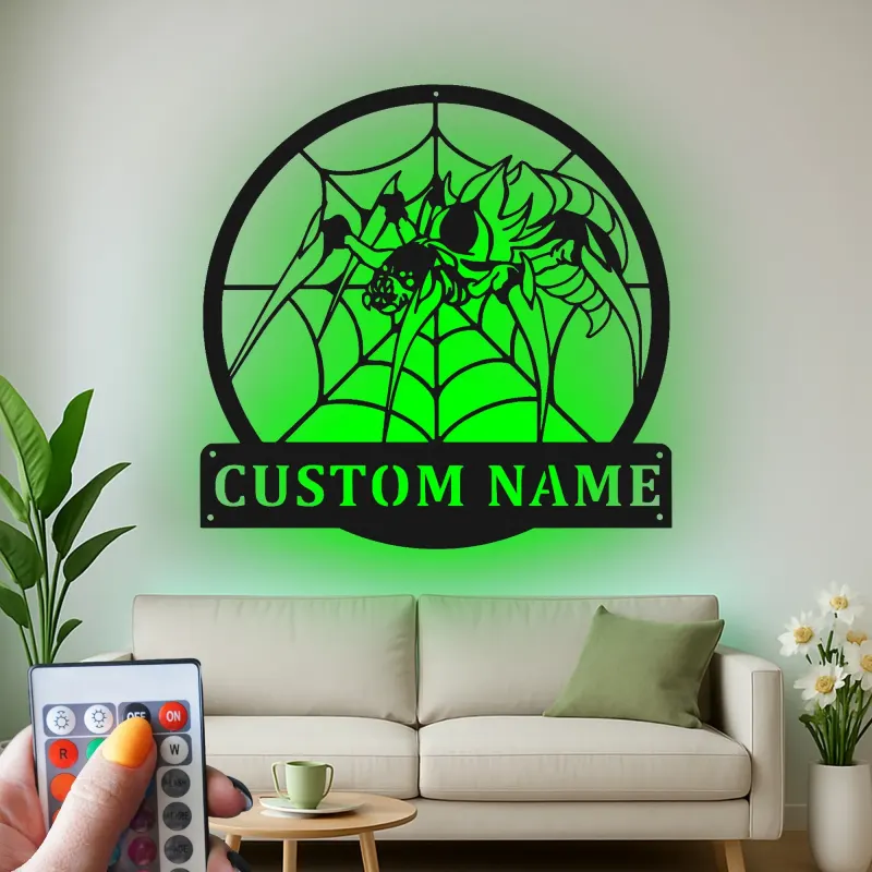 Insegna in metallo personalizzata con ragnatela | Arte murale LED personalizzata | Decorazione per man cave gotica e regalo per amanti degli aracnidi