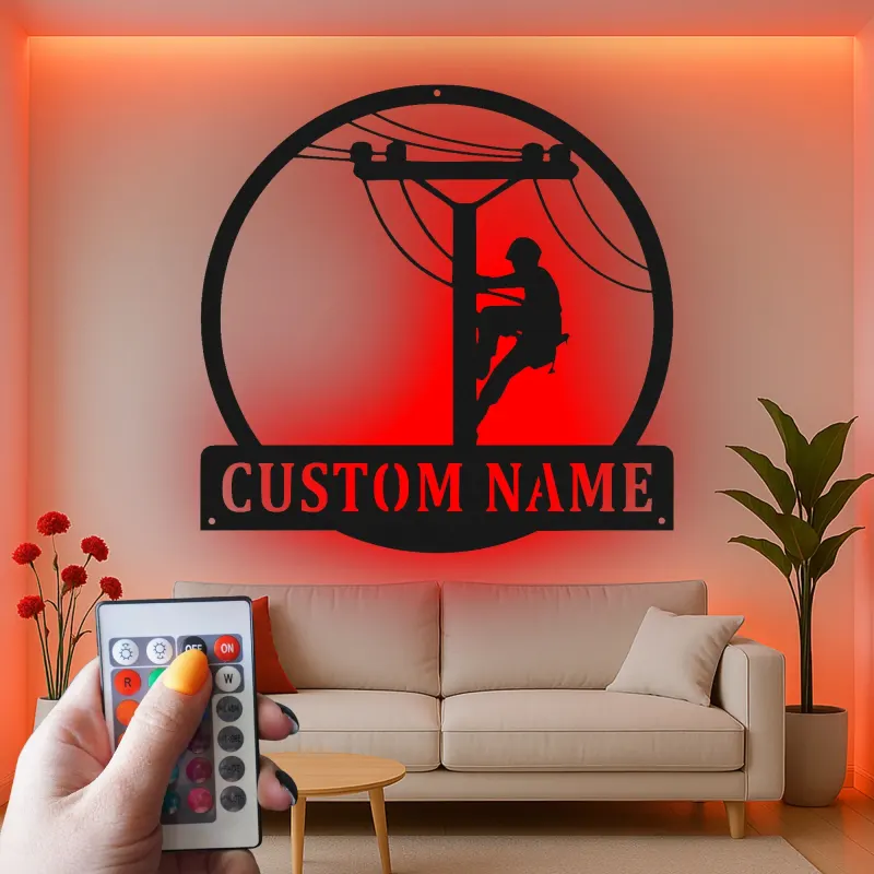 Panneau LED en métal pour lineman | Cadeau personnalisé pour électricien | Décoration murale avec nom sur mesure pour man cave | Déco pour professionnel des services publics