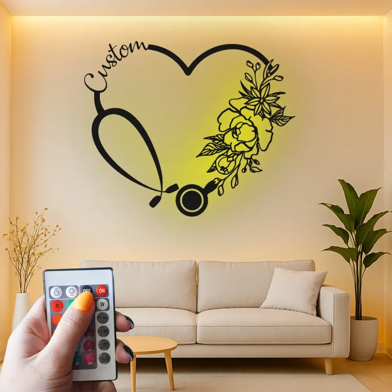 Insegna personalizzata con stetoscopio | Arte da parete in metallo LED per clinica | Regalo su misura per infermieri e medici | Targhetta floreale a cuore