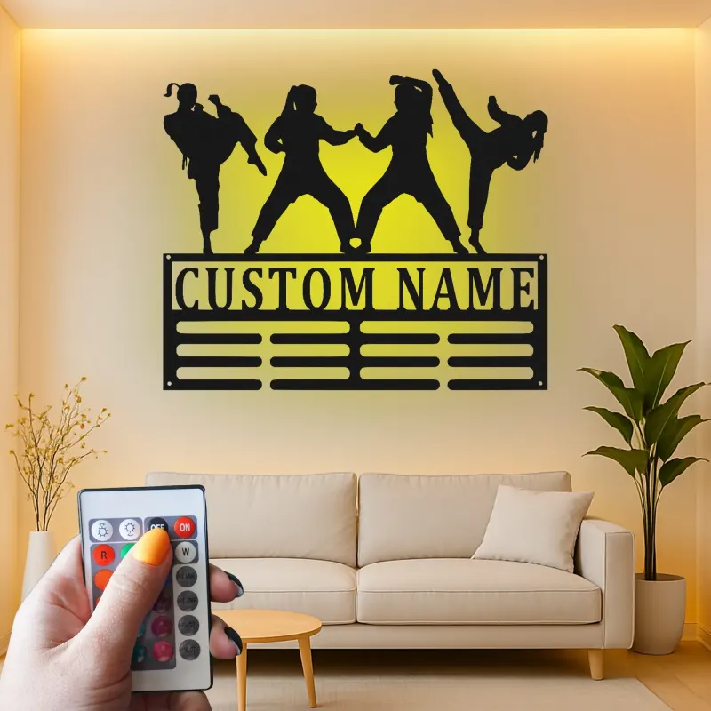 Décoration murale en métal personnalisée pour arts martiaux avec rétroéclairage LED - Cadeau pour passionnés de karaté - Décor de dojo ou de gym