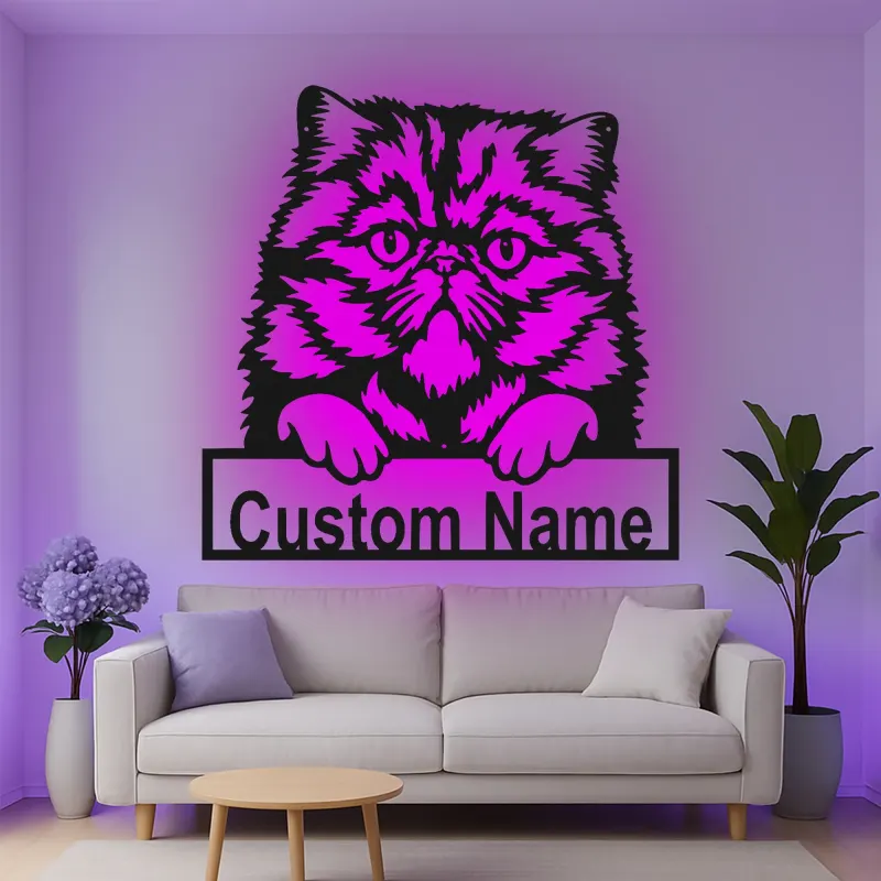 Cartel de metal LED de gato persa personalizado, regalo para amantes de mascotas, decoración para dormitorio o sala de estar 2